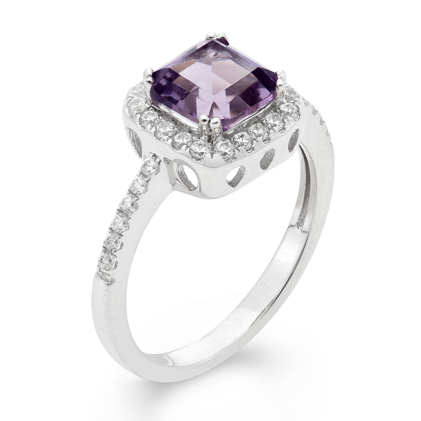 Sterling Silver Square Faceted Amethyst Ring w/Pave CZs