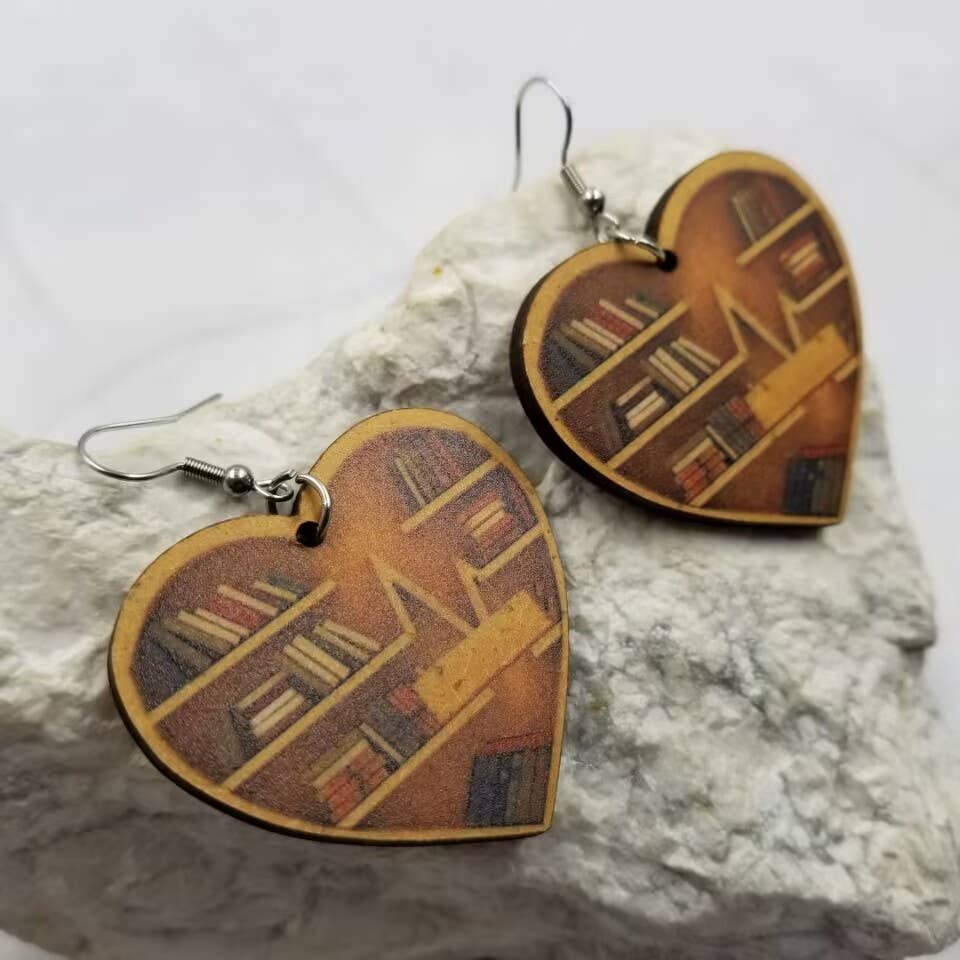 Wood Heart Bookshelf Reading Dangle Earrings