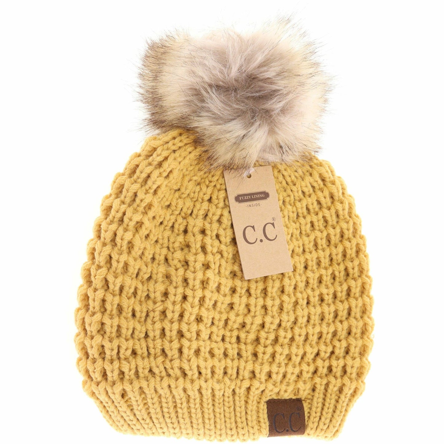 Solid Waffle Stitch Fur Pom C.C Beanie