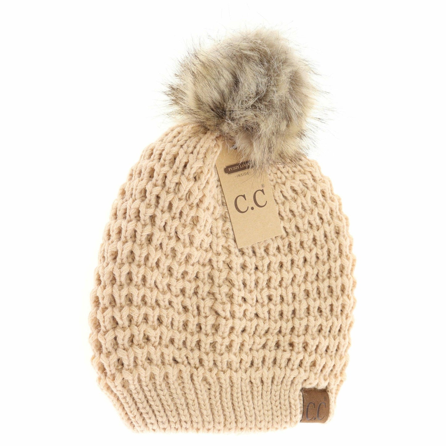 Solid Waffle Stitch Fur Pom C.C Beanie