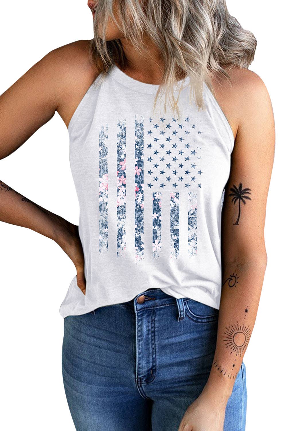 White Floral Detail American Flag Print Graphic Tank Top