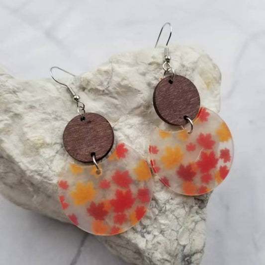 Wood and Acrylic Maple Leaf Earrings - Fall