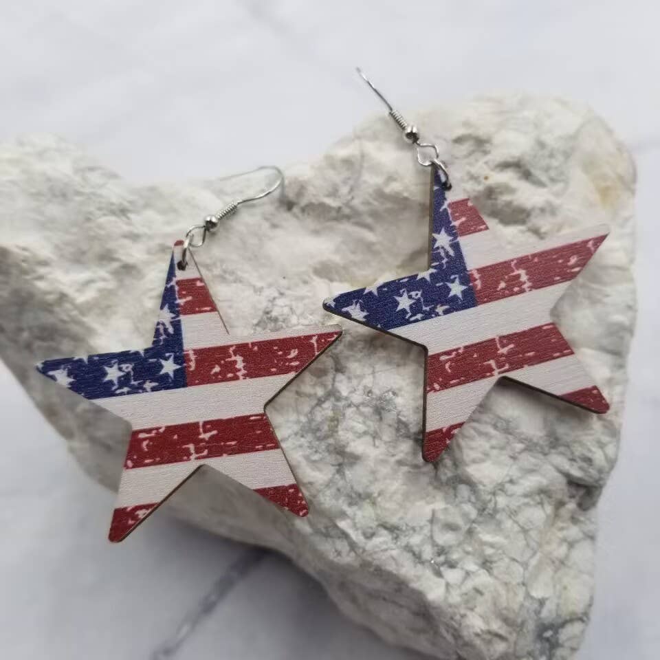 Wood Patriotic Stars Earrings