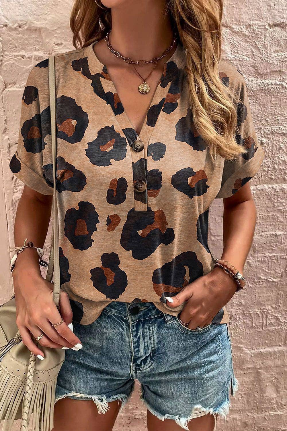 Beige Leopard Folded Short Sleeve Buttoned V Neck T Shirt