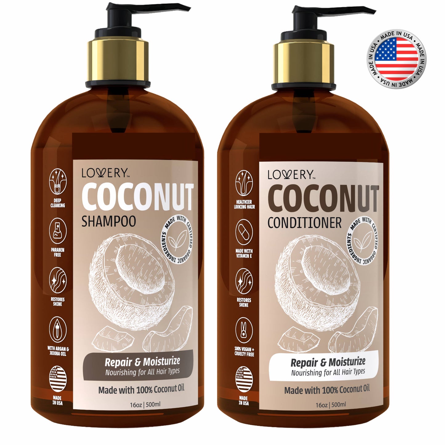 Coconut Shampoo and Conditioner Gift Set, Made in USA, 32 oz