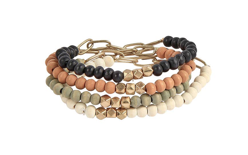 Bracelet Stretch 4 Piece Set Wooden Beads, 4 Assorted