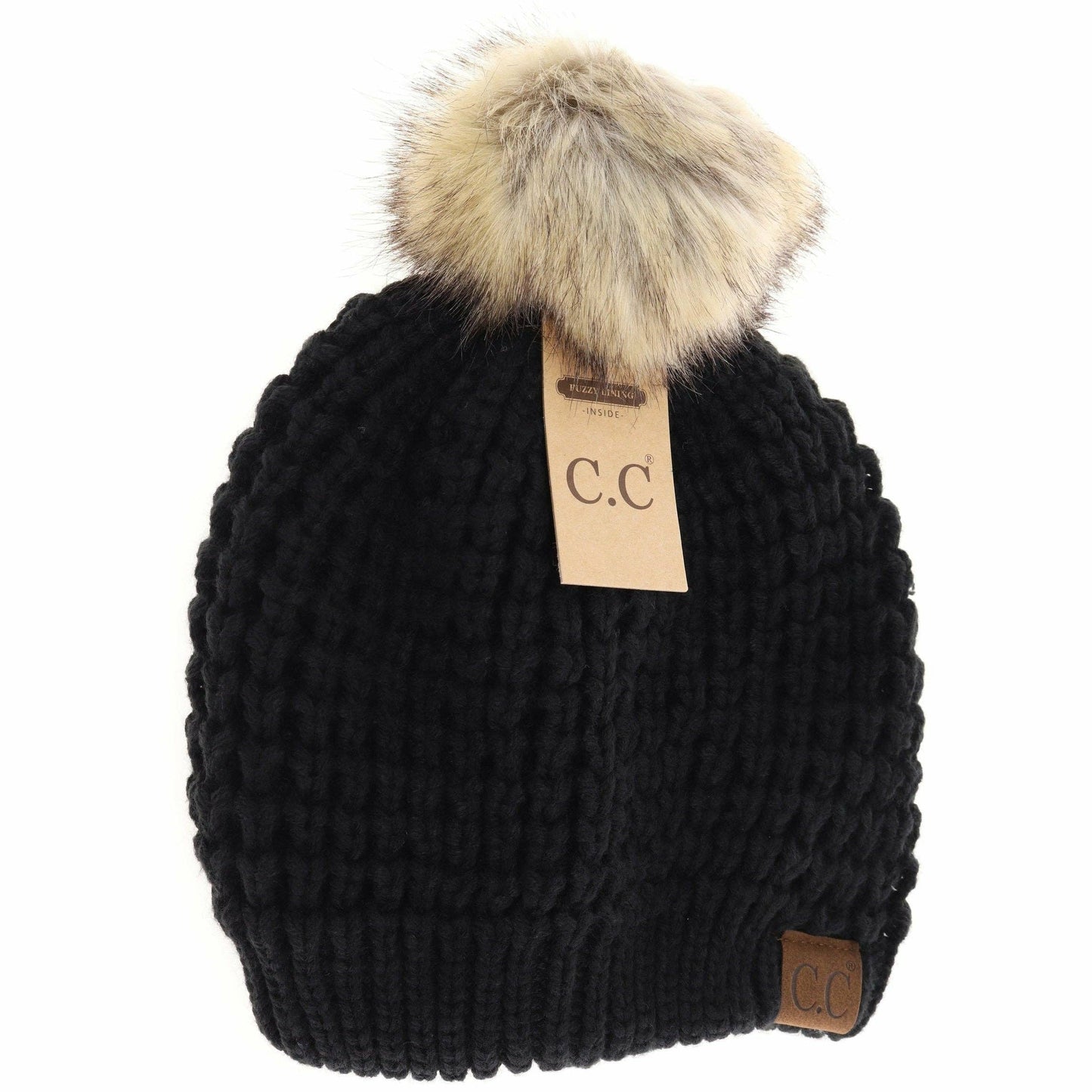 Solid Waffle Stitch Fur Pom C.C Beanie