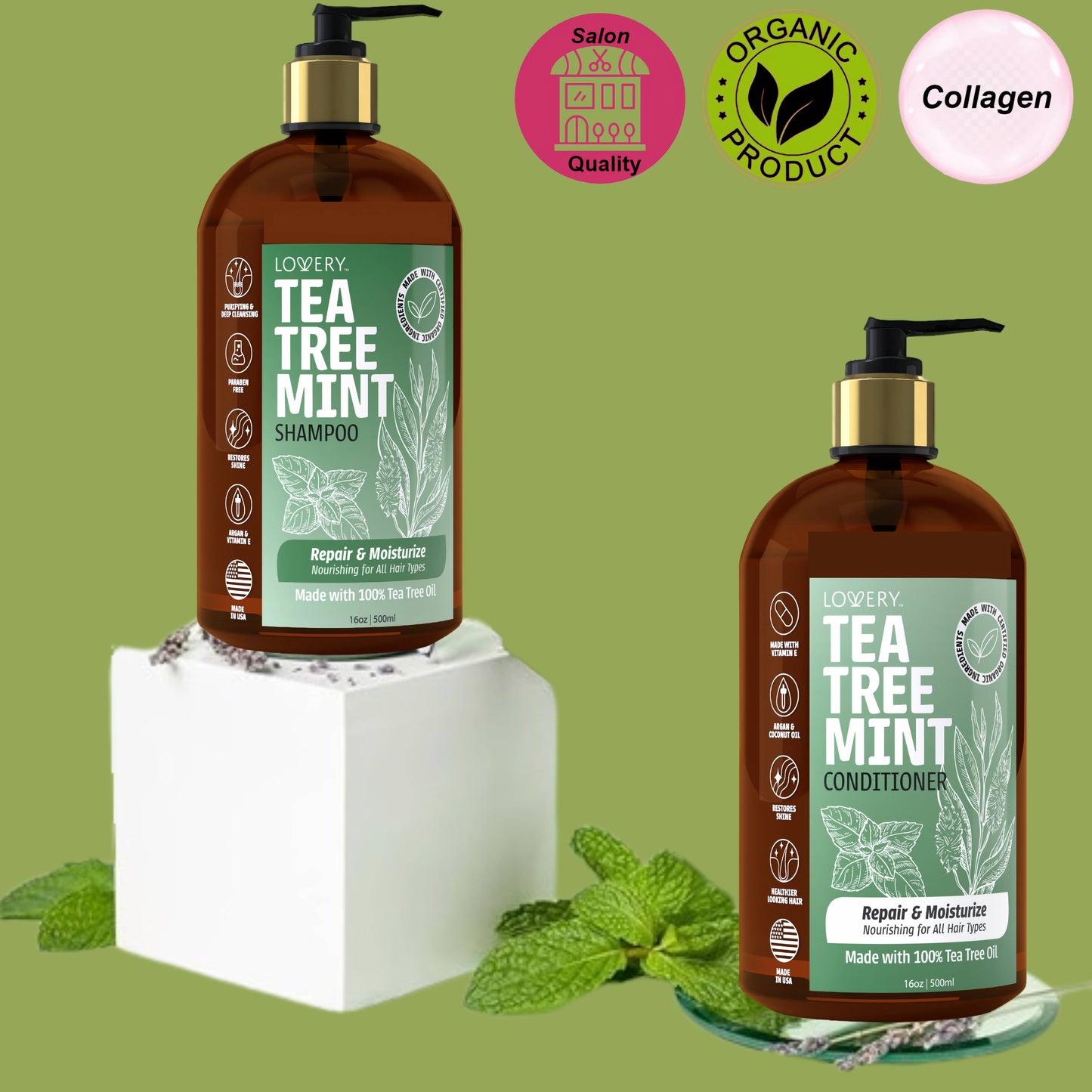 Tea Tree Mint Shampoo and Conditioner Gift Set, Made in USA,