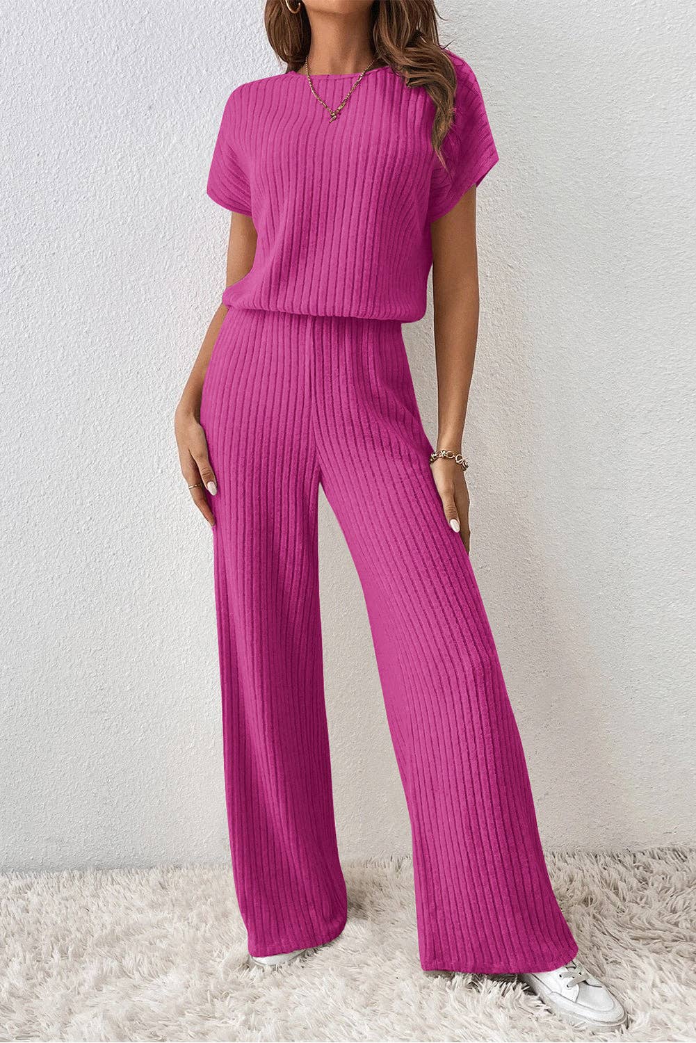 Solid Color Ribbed Short Sleeve Wide Leg Jumpsuit