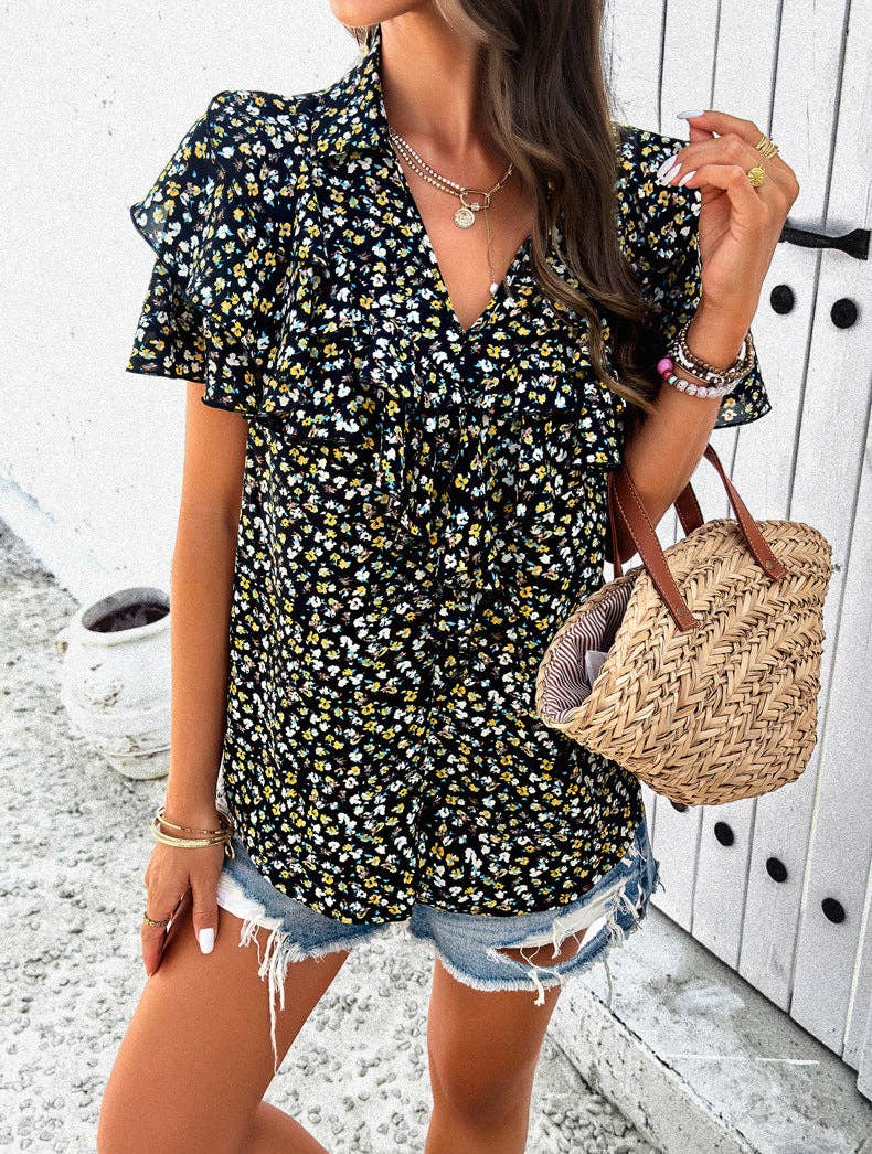 V-Neck Lace Short-Sleeved Top Loose Casual T-Shirt