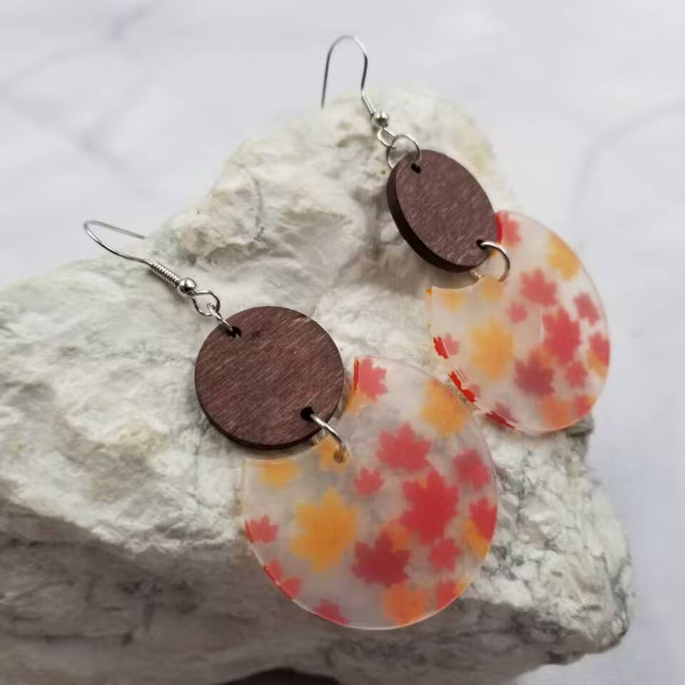 Wood and Acrylic Maple Leaf Earrings - Fall