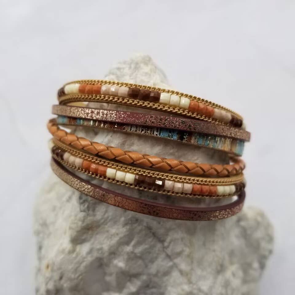 Boho Beaded Leather Wrap Magnetic Bracelet