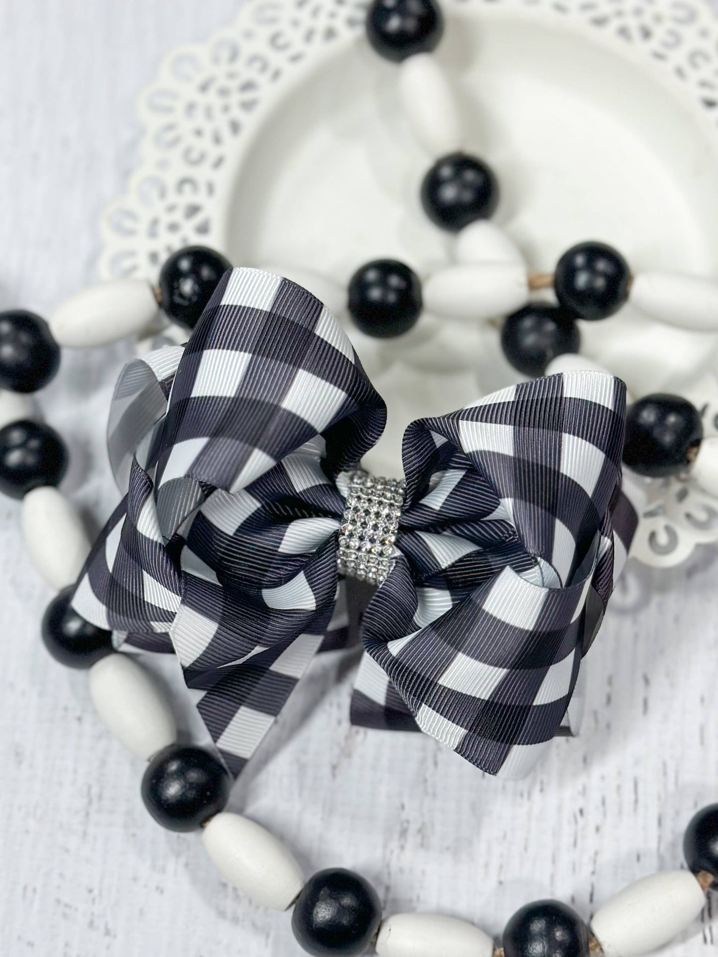 White Buffalo Plaid Oversize Rhinestone Center Knot Hair Bow