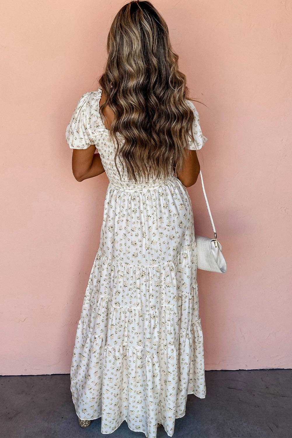 White Frilly Shirred Bodice Tiered Floral Maxi Dress