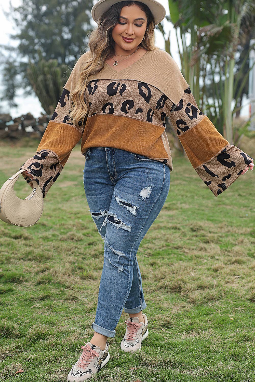 Beige Plus Size Leopard Colorblock Patchwork Wide Sleeve Top