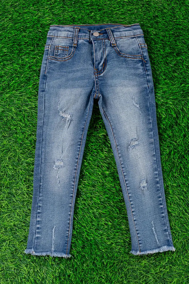 SUPER STRETCHY DARK BLUE SKINNY JEANS W/DISTRESSED HEM.JEANN