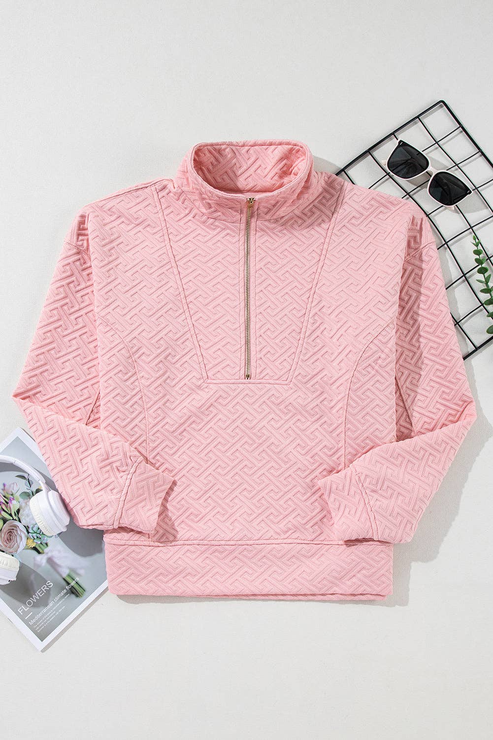 Solid Textured Half Zipper Collared Sweatshirt