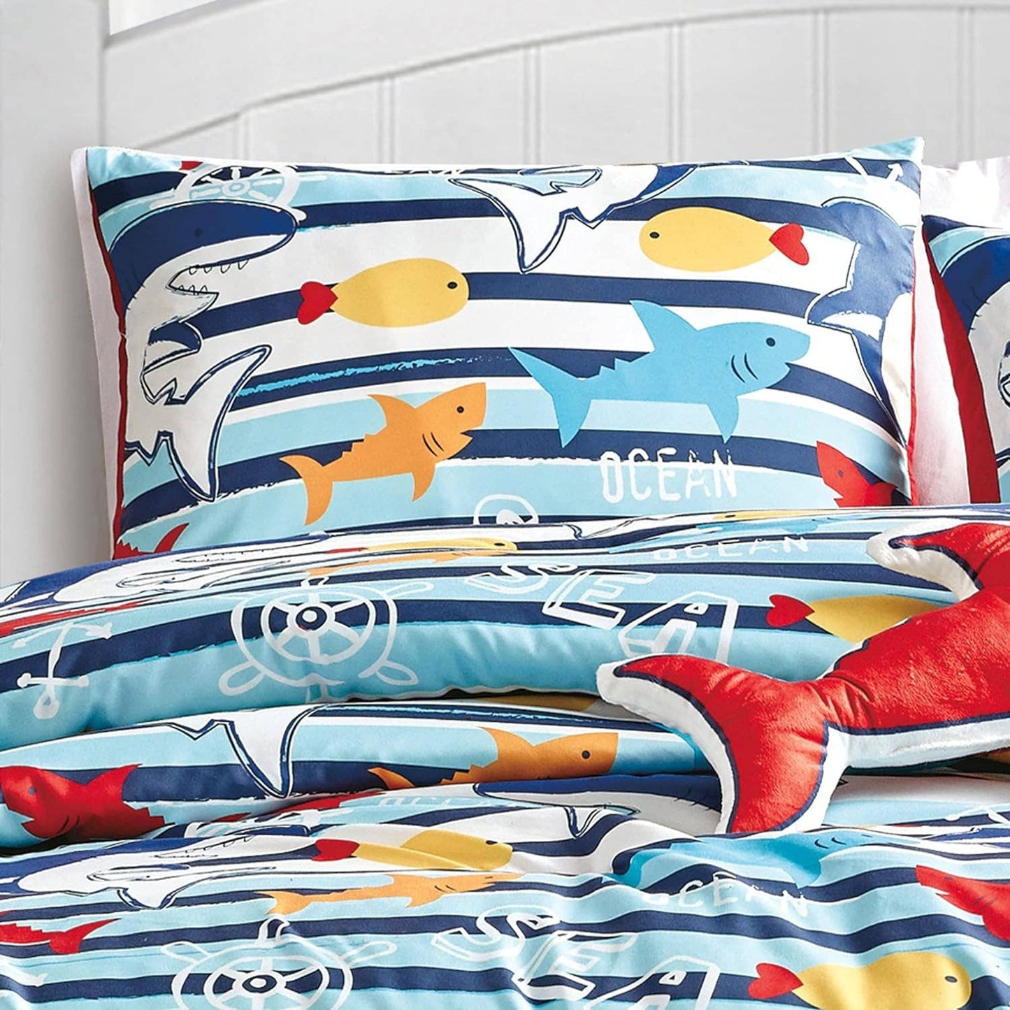 Blue Sharks Fish Sea Life Kids Comforter Soft Bedding Set