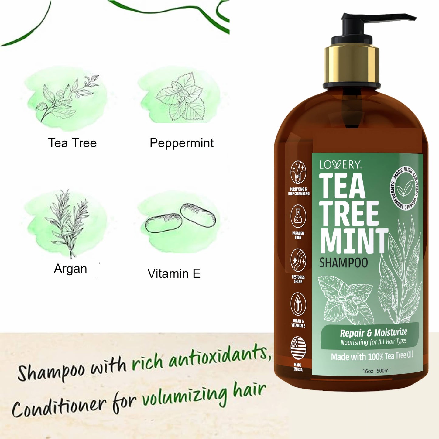 Tea Tree Mint Shampoo and Conditioner Gift Set, Made in USA,