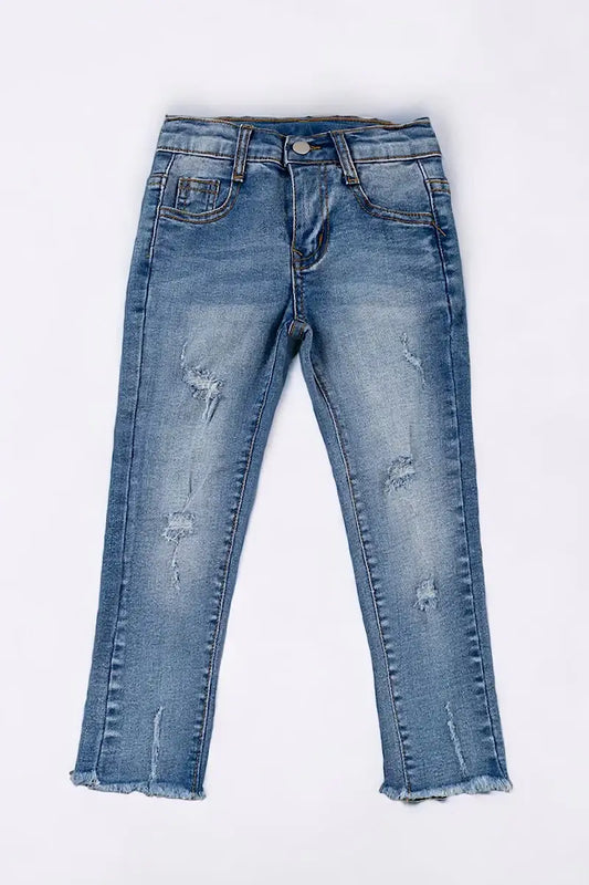 SUPER STRETCHY DARK BLUE SKINNY JEANS W/DISTRESSED HEM.JEANN