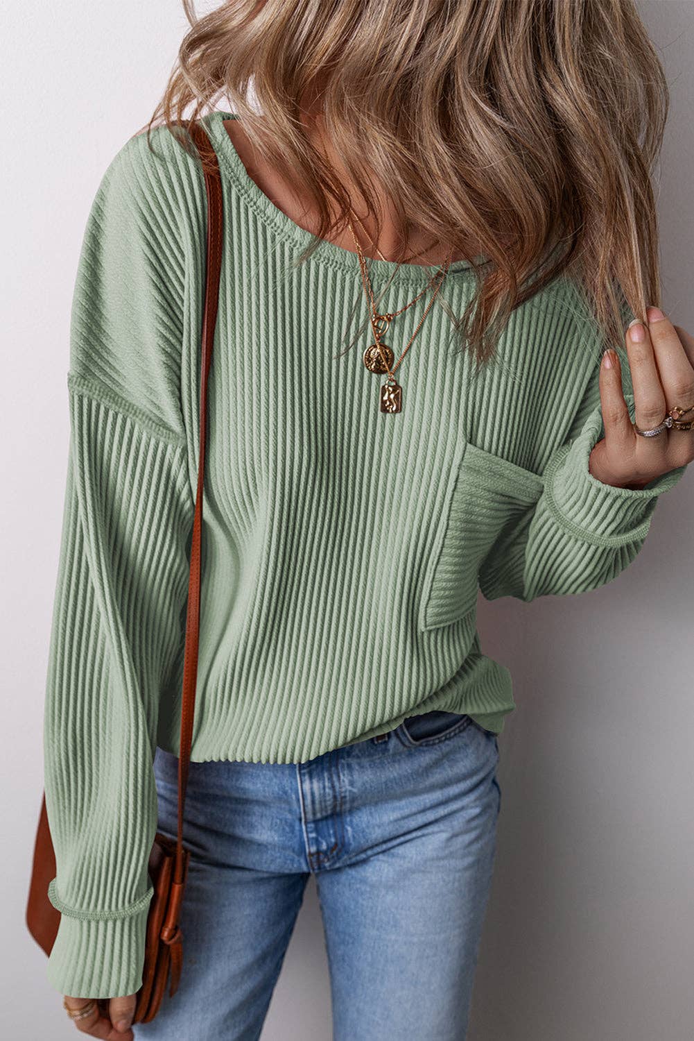 Clearly Aqua Solid Color Corded Drop Shoulder Long Sleeve Top