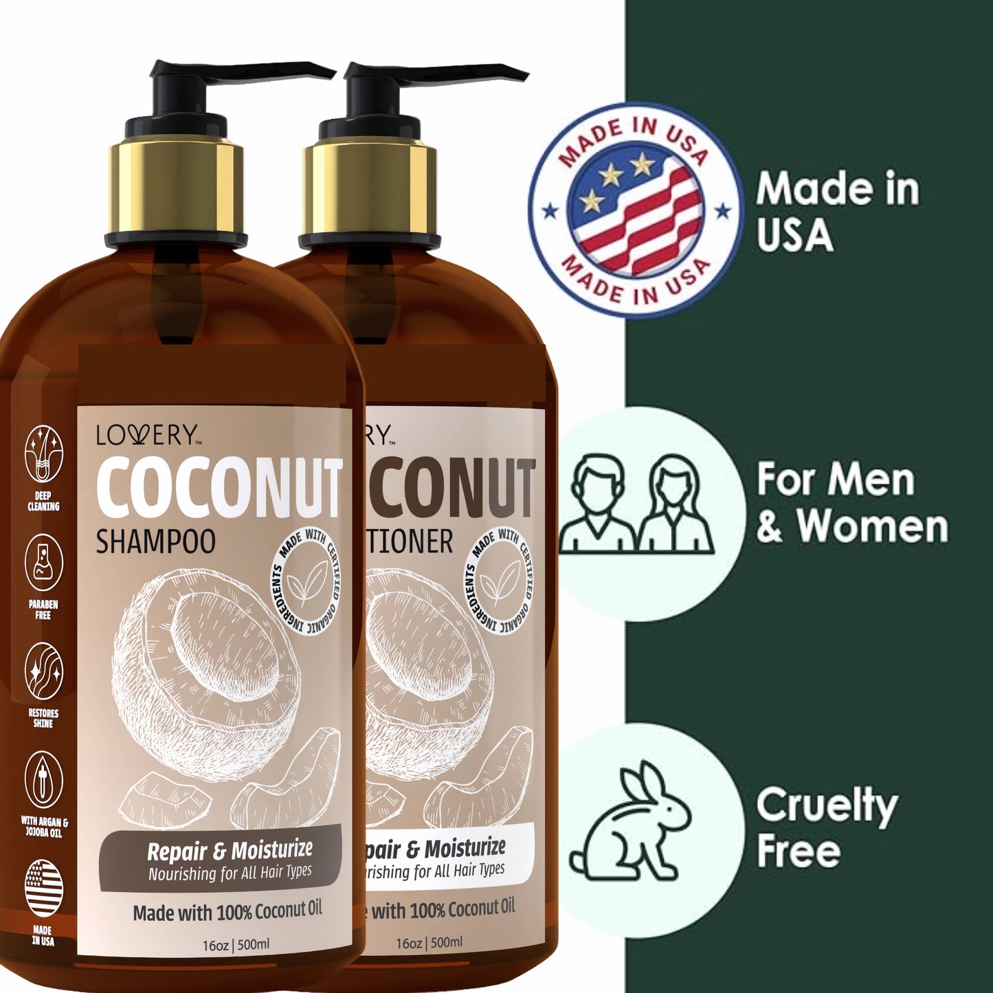 Coconut Shampoo and Conditioner Gift Set, Made in USA, 32 oz