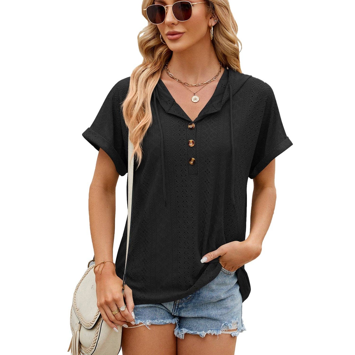 Button Hooded Loose Short Sleeve Long Undershirt