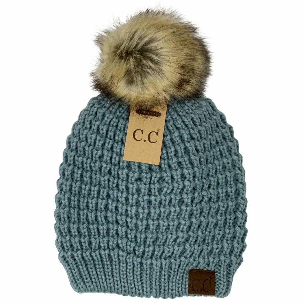 Solid Waffle Stitch Fur Pom C.C Beanie