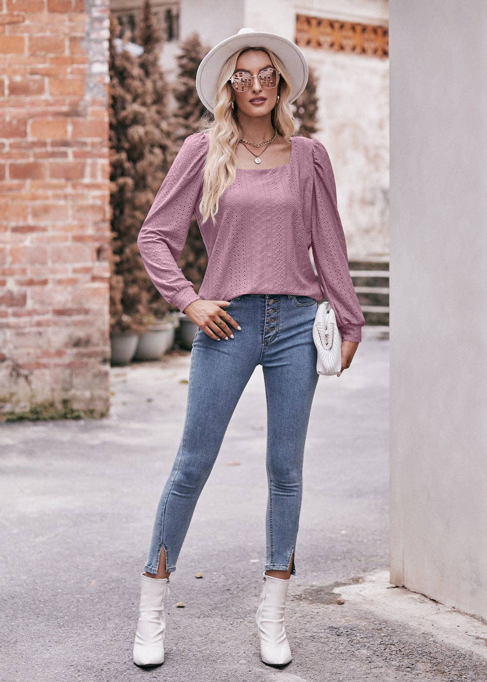 Square Neck T-shirt Hollow Long Sleeve Casual Top