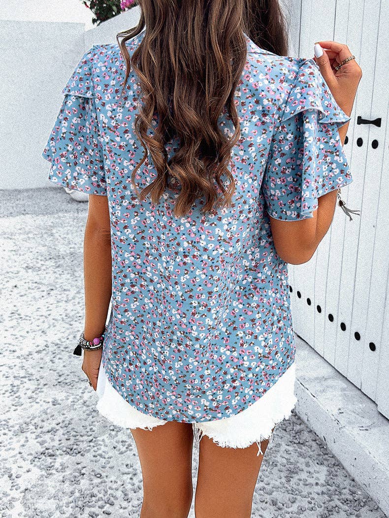 V-Neck Lace Short-Sleeved Top Loose Casual T-Shirt