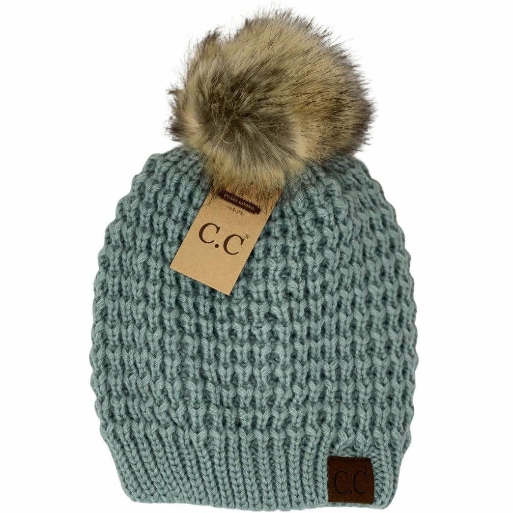 Solid Waffle Stitch Fur Pom C.C Beanie