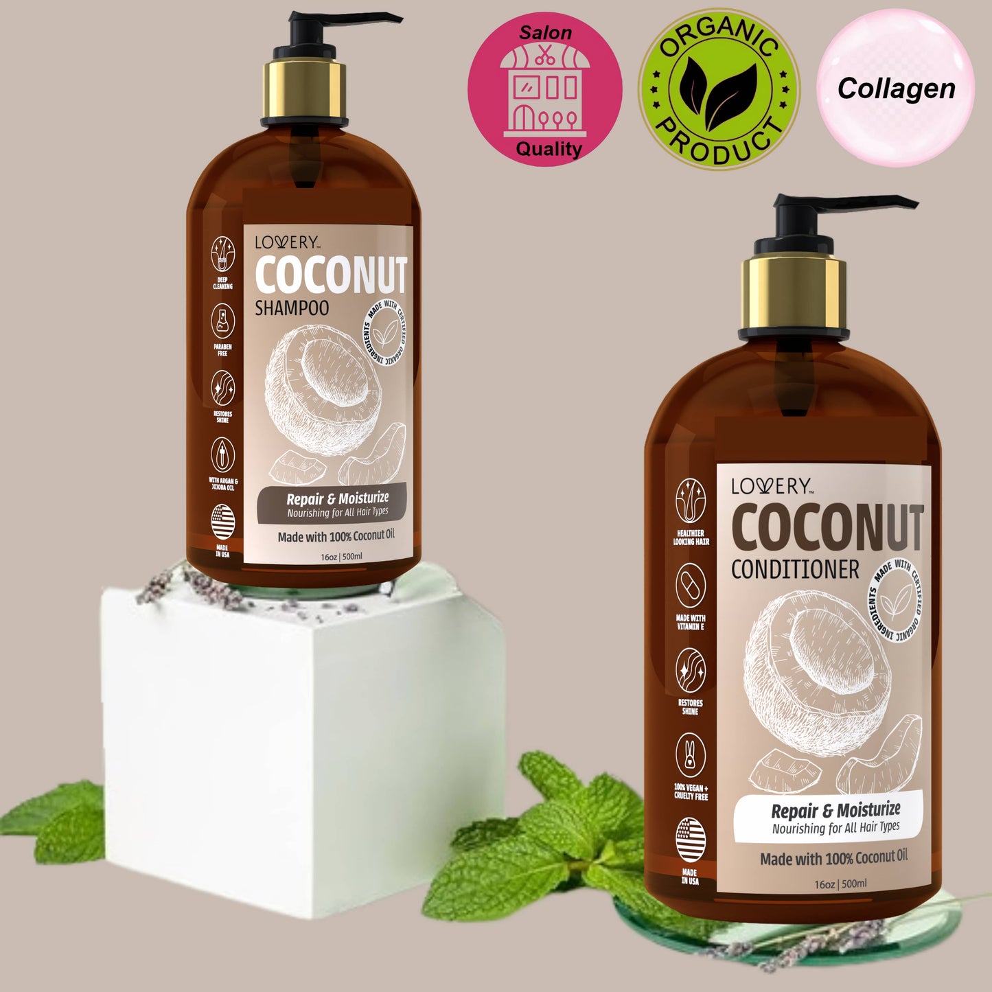 Coconut Shampoo and Conditioner Gift Set, Made in USA, 32 oz