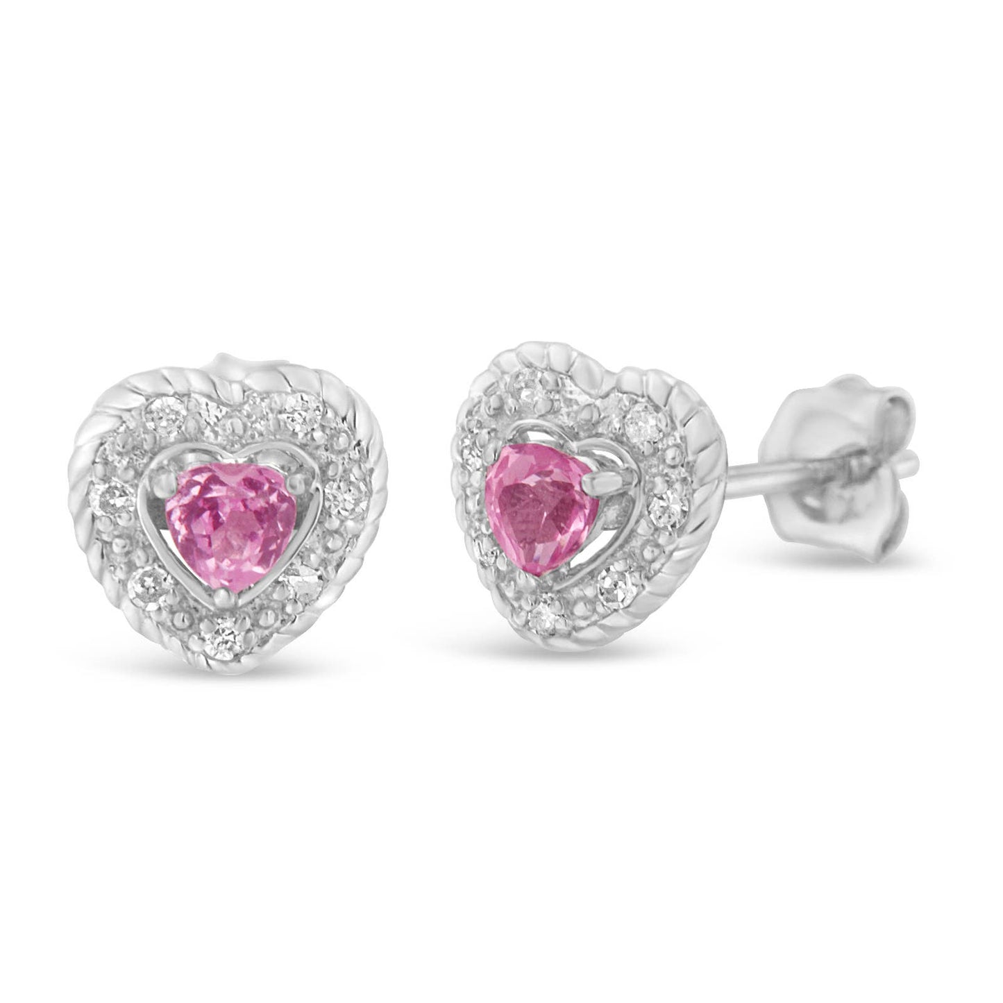 Sterling Silver Pink Sapphire & Diamond Heart Stud Earrings