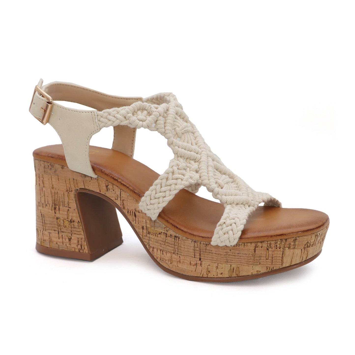 Cork wedge sandal with T starp upper with braid detail