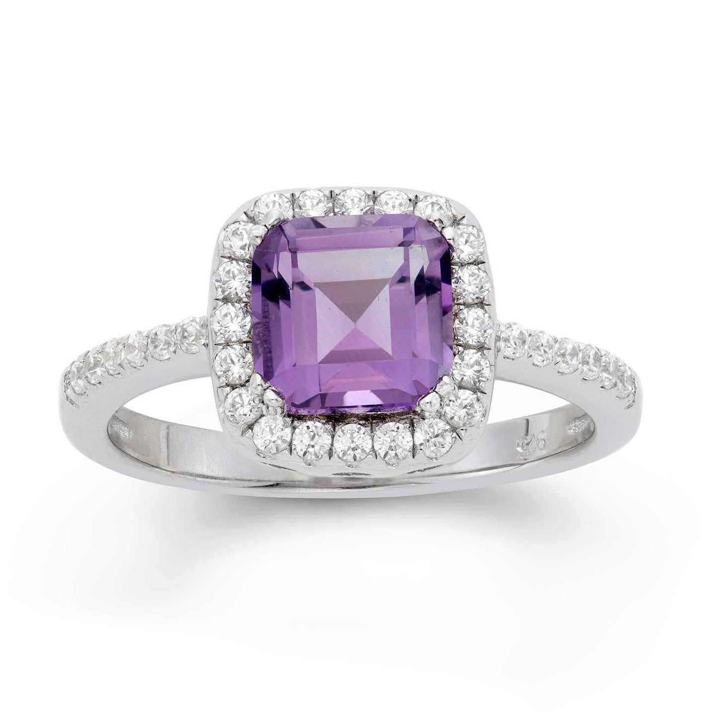 Sterling Silver Square Faceted Amethyst Ring w/Pave CZs