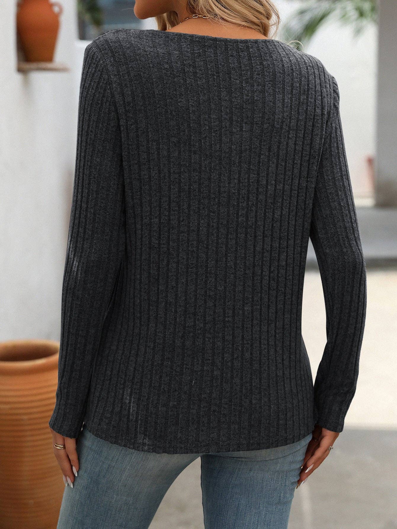 V-neck Button Top Pit Strip Sweater Long Sleeve