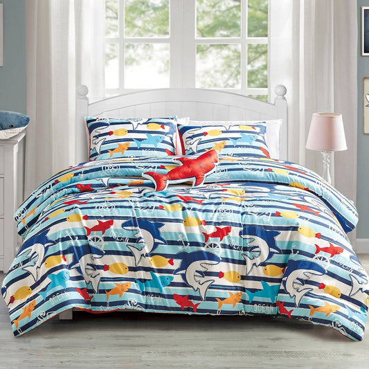 Blue Sharks Fish Sea Life Kids Comforter Soft Bedding Set