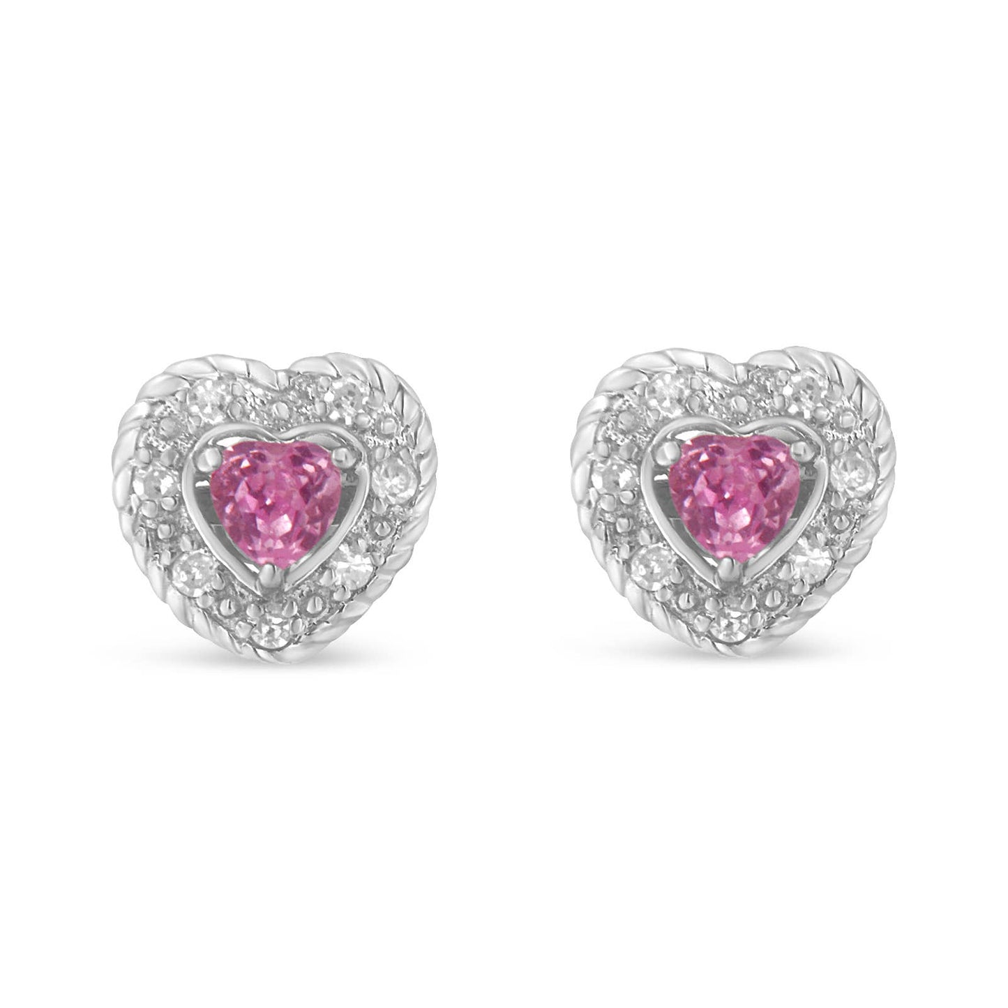 Sterling Silver Pink Sapphire & Diamond Heart Stud Earrings