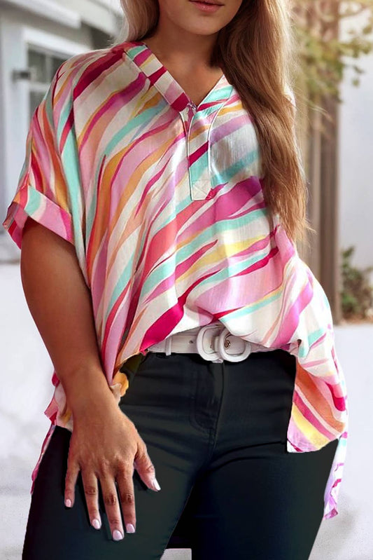 Abstract Print Short Sleeve Notched Neck Plus Size Top