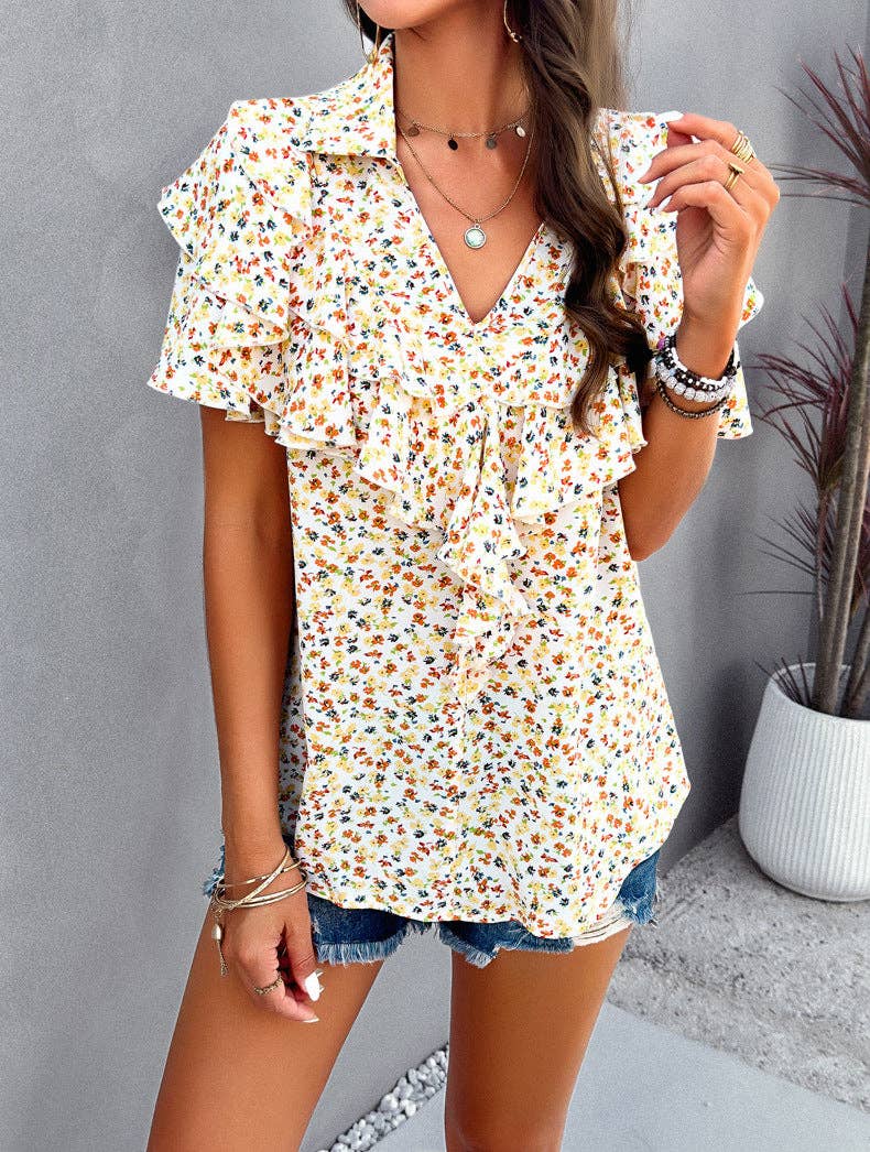 V-Neck Lace Short-Sleeved Top Loose Casual T-Shirt