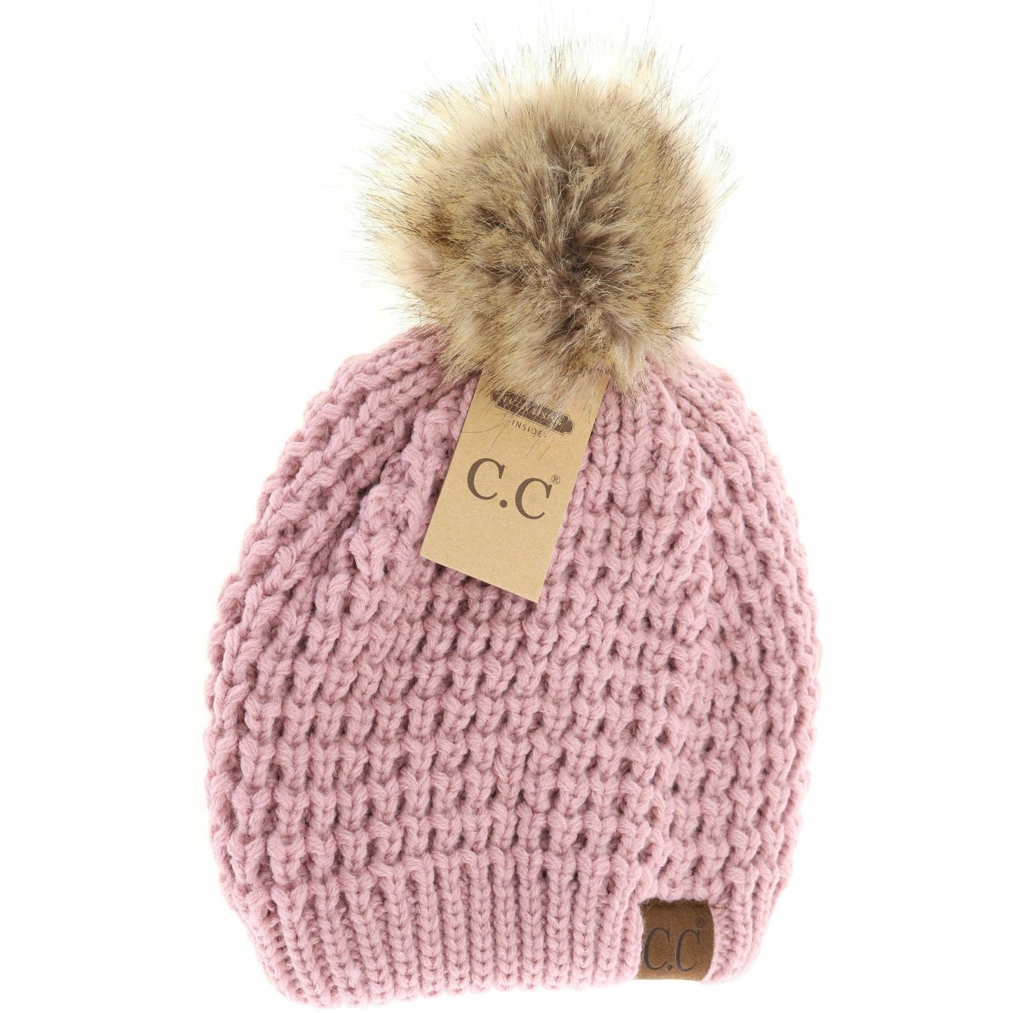 Solid Waffle Stitch Fur Pom C.C Beanie