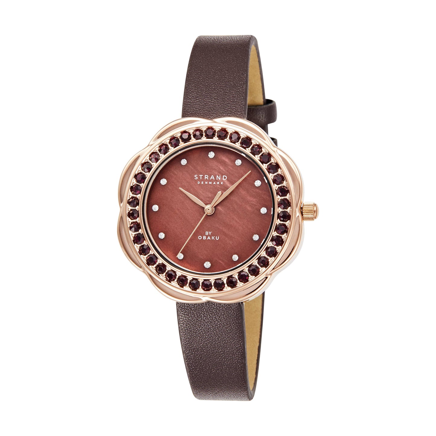 Cosmos - Burgundy crystal lined case brown strap watch