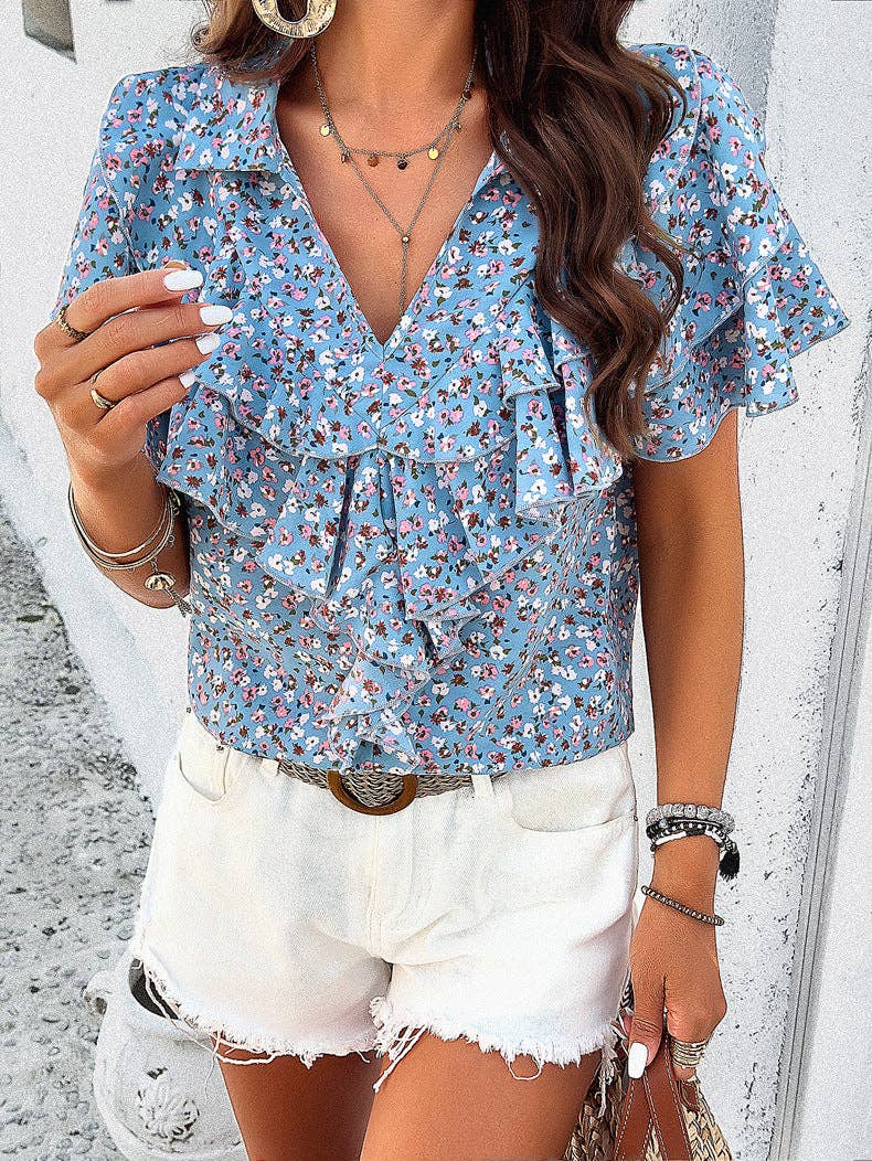 V-Neck Lace Short-Sleeved Top Loose Casual T-Shirt