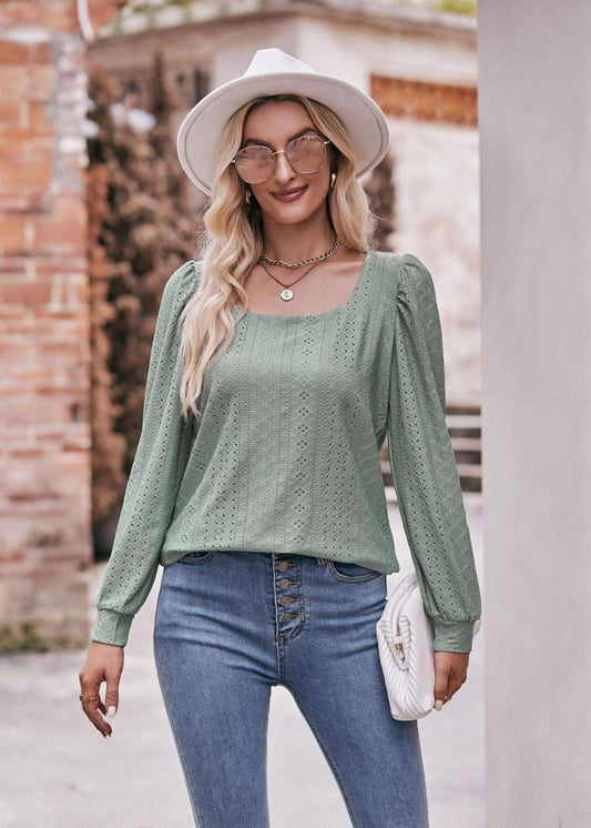 Square Neck T-shirt Hollow Long Sleeve Casual Top