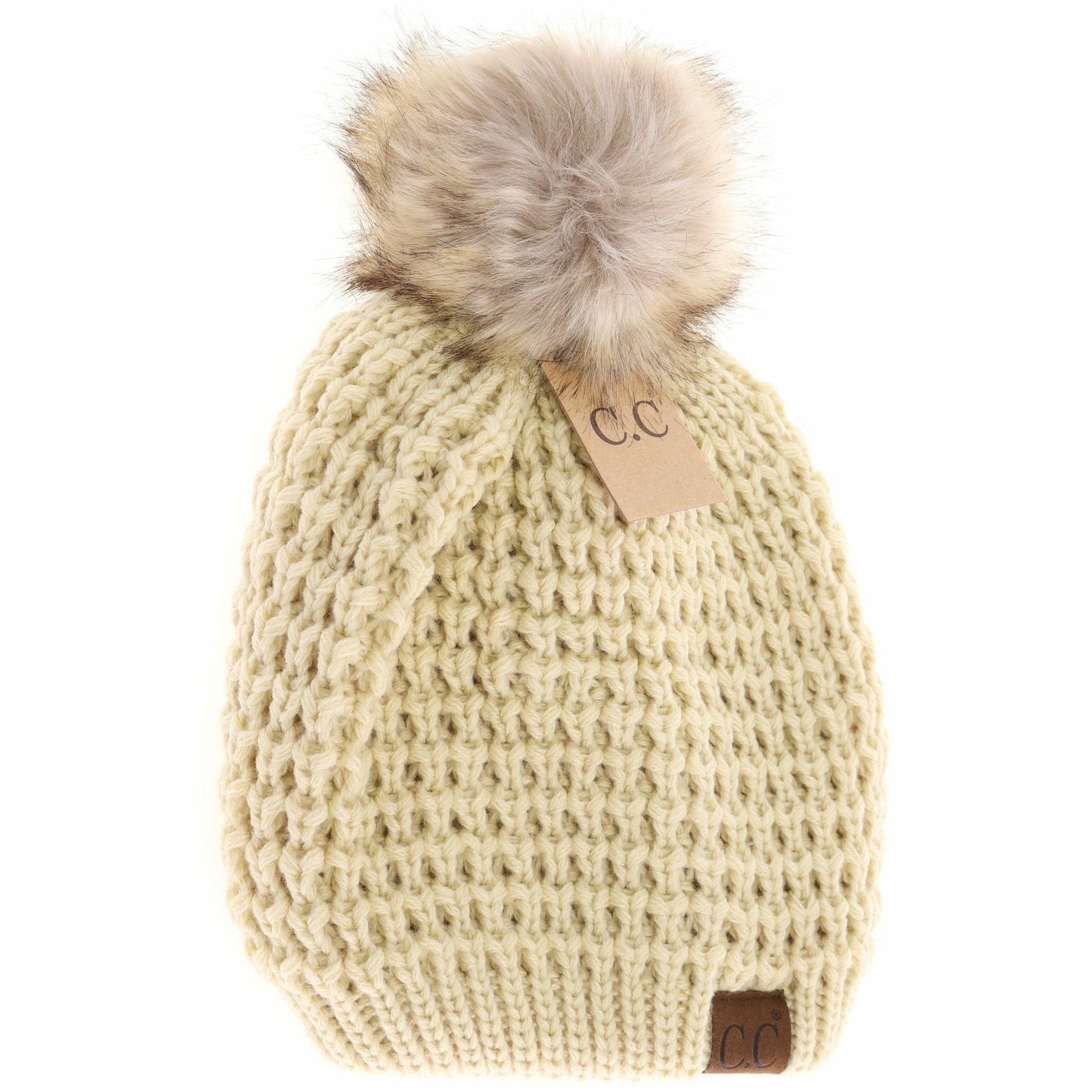 Solid Waffle Stitch Fur Pom C.C Beanie