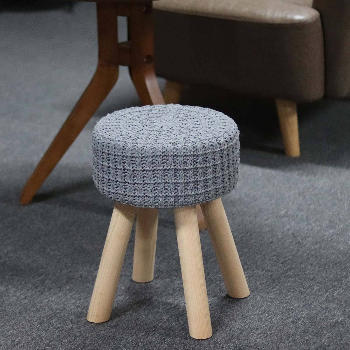 Hand Knitted Vanity Seat Ottomans with 4 Solid Wood Legs