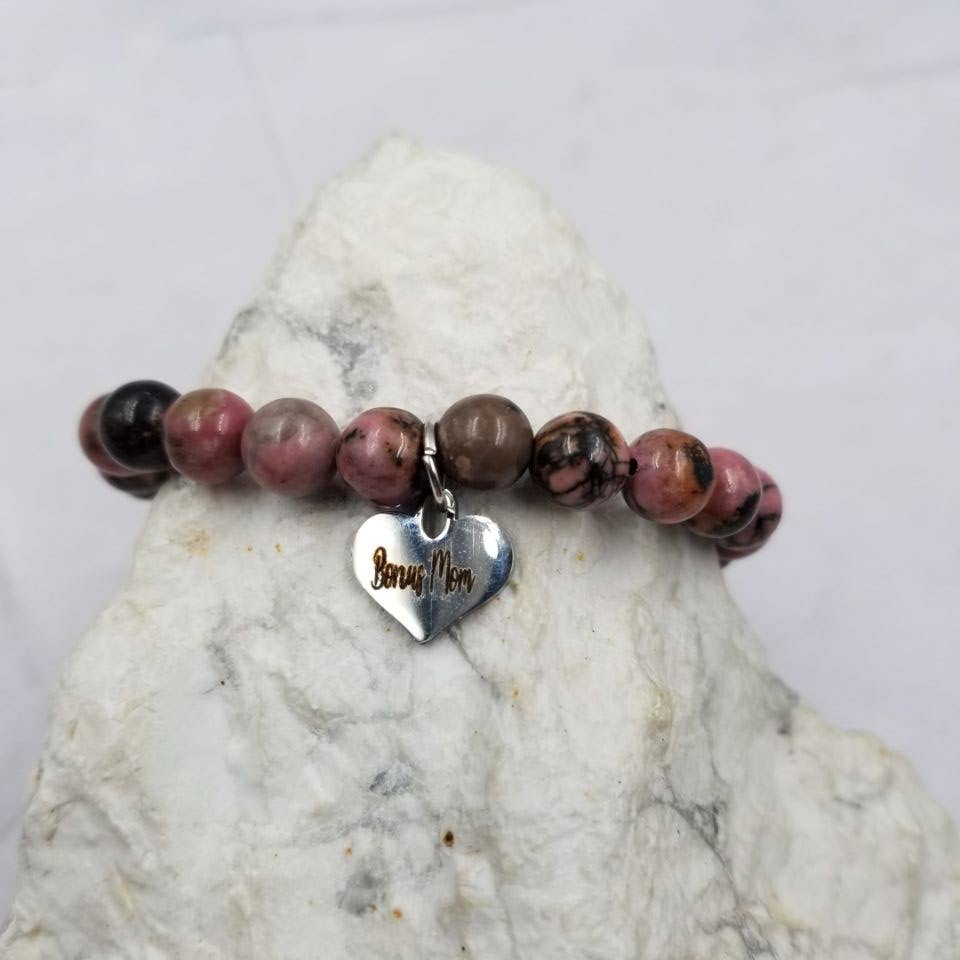 Bonus Mom Heart Charm Stone Strech Bracelets