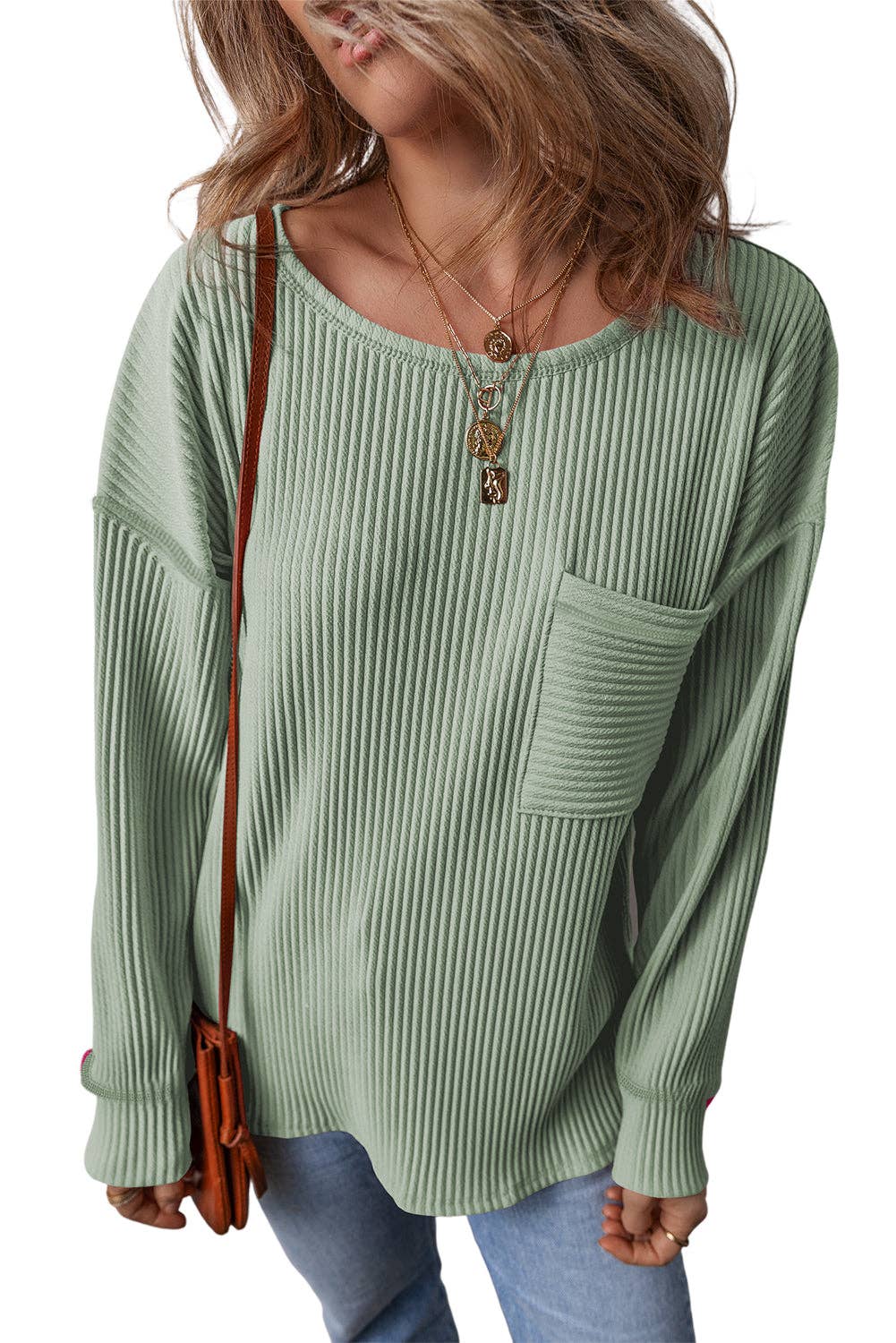 Clearly Aqua Solid Color Corded Drop Shoulder Long Sleeve Top