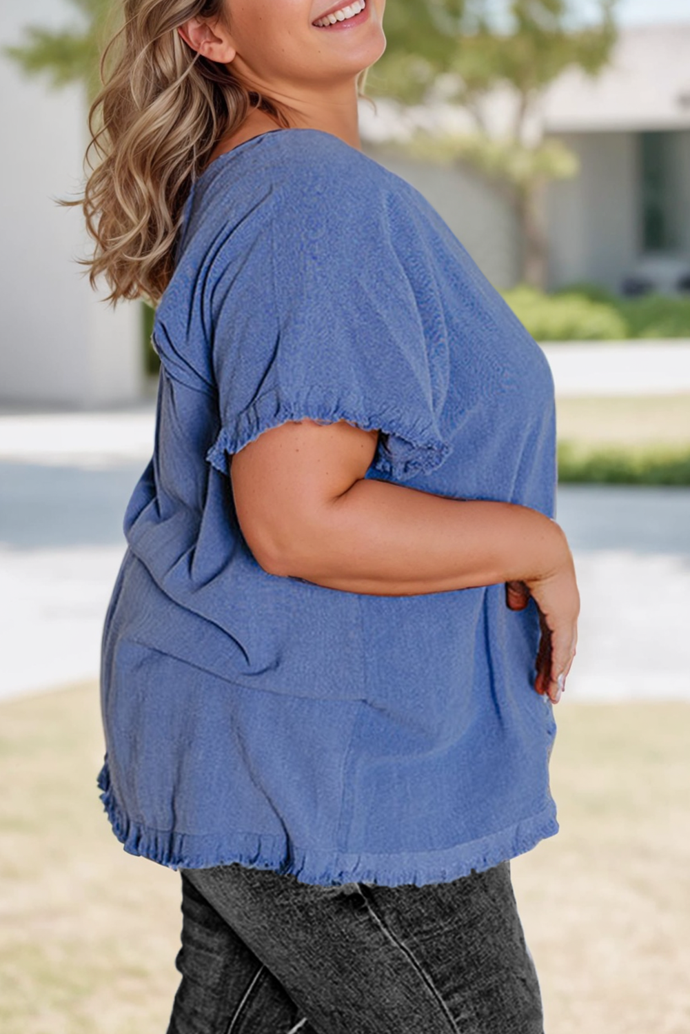 Solid Color Short Sleeve Frayed Edge Plus Size Top