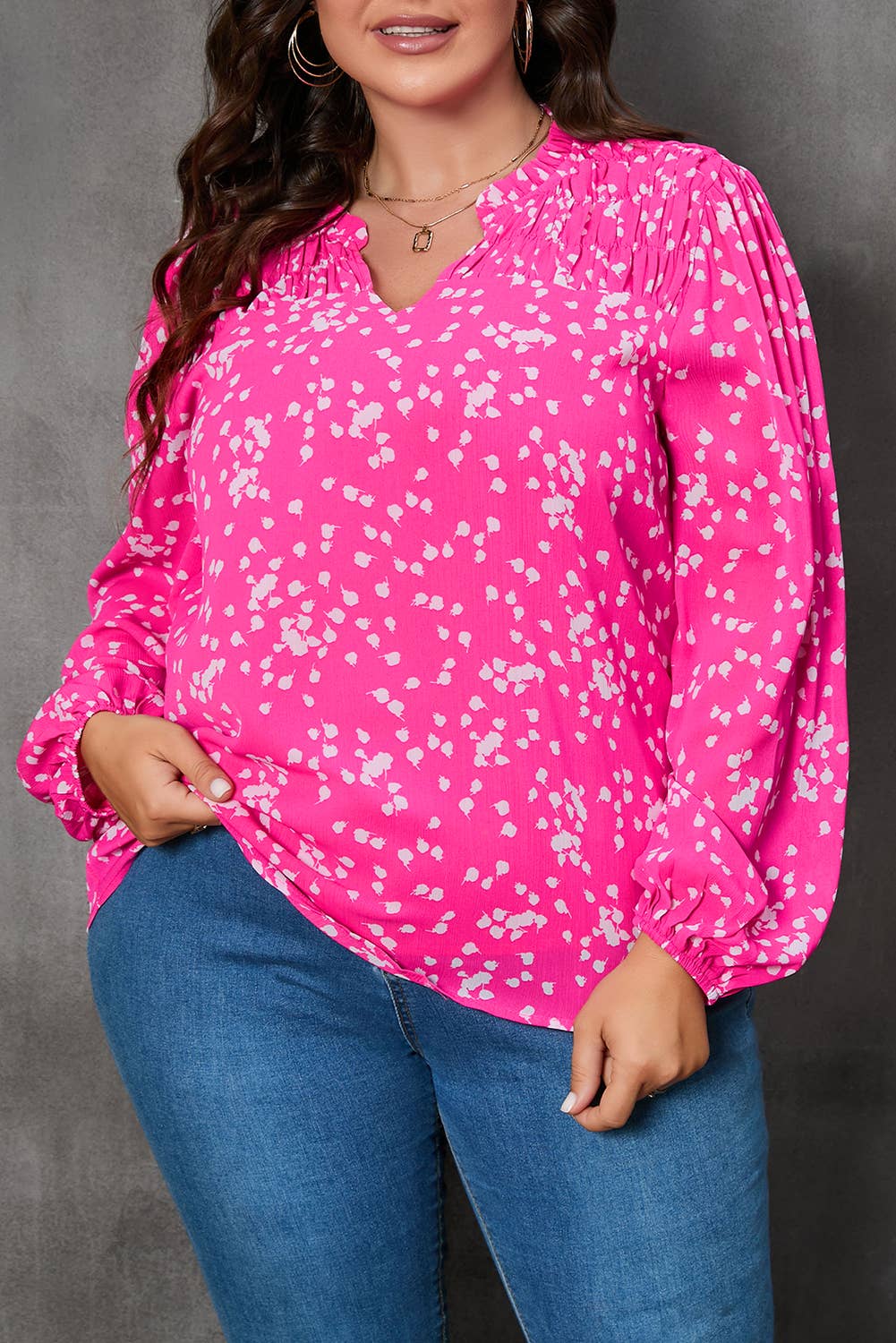 Bright Pink Plus Size Floral Print Ruched Split Neck Blouse